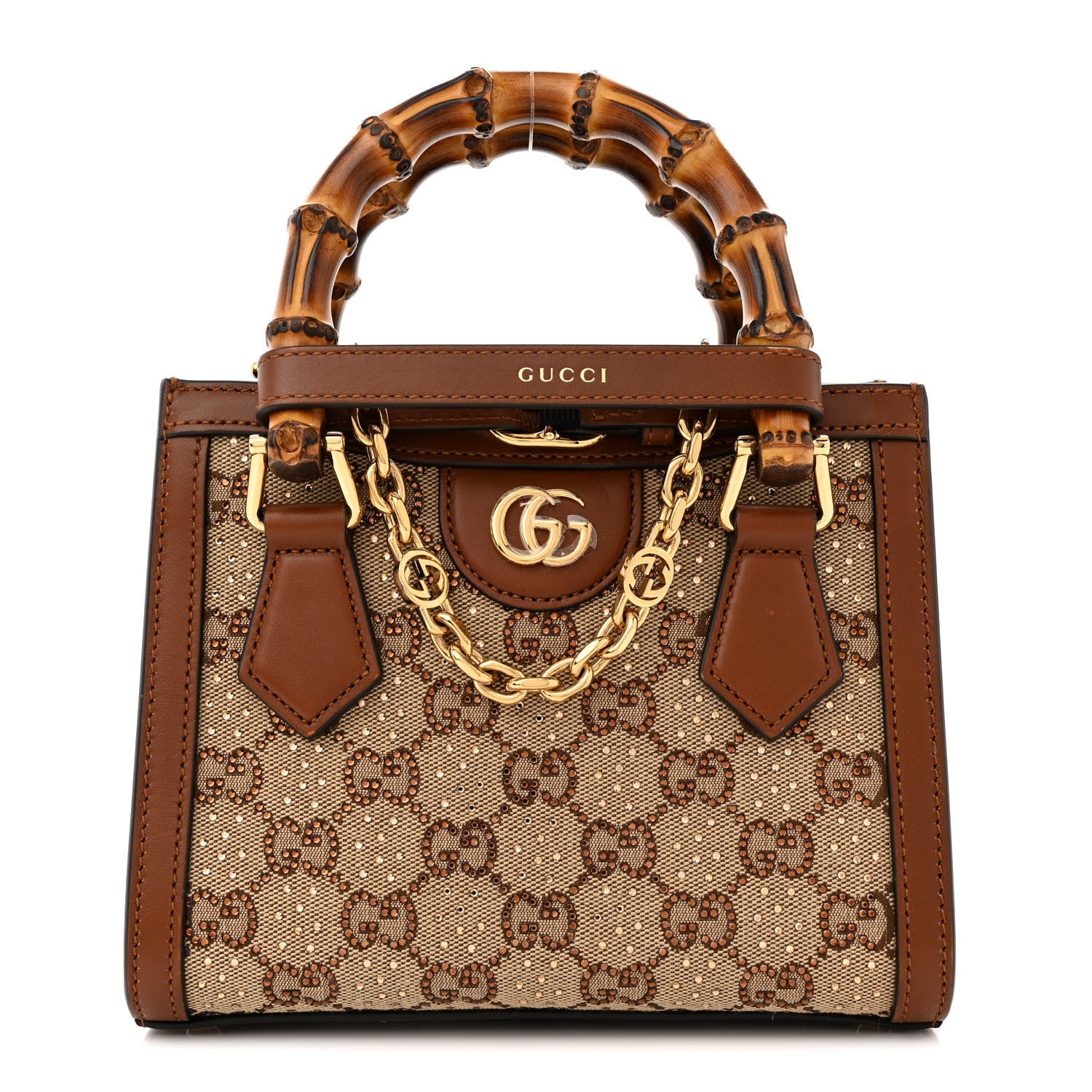 Gucci New Canvas Charisma Calfskin Crystal GG Monogram Mini Diana Tote Bag Camel Ebony 1 of 10
