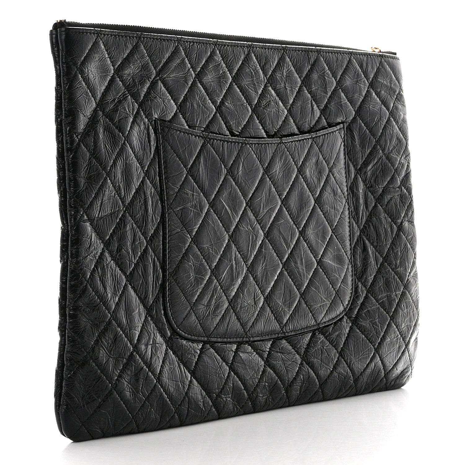 Chanel Shiny Crumpled Calfskin Quilted Medium Night by the C Pouch Clutch Black 3 of 8