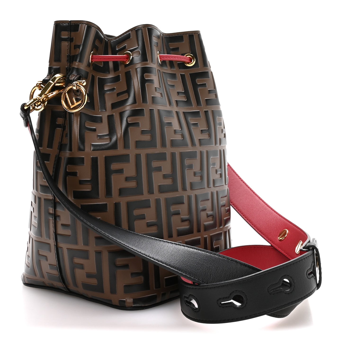 Vitello Grace F is Fendi Bi-Color FF 1974 Embossed Grande Mon Tresor Bucket Bag Maya Black Fragola