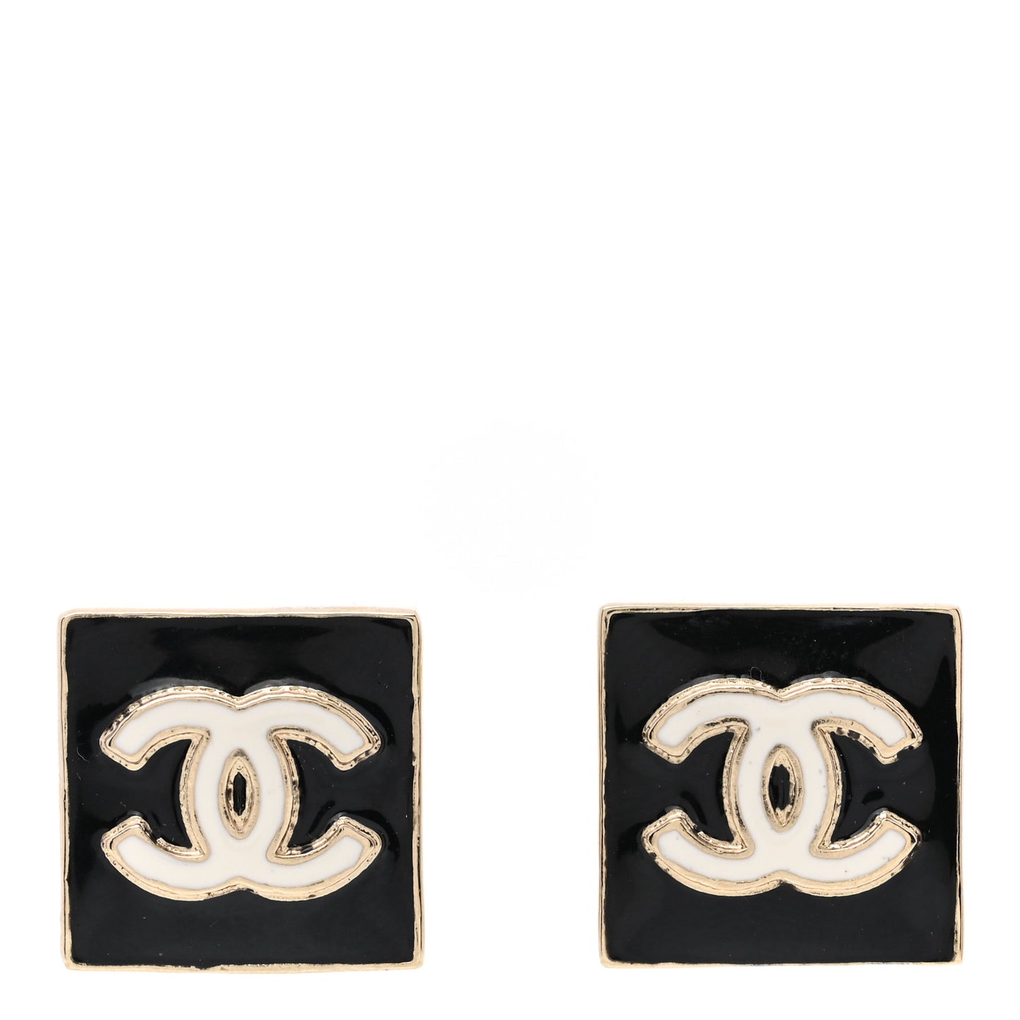 Metal Enamel CC Square Earrings Gold Black White
