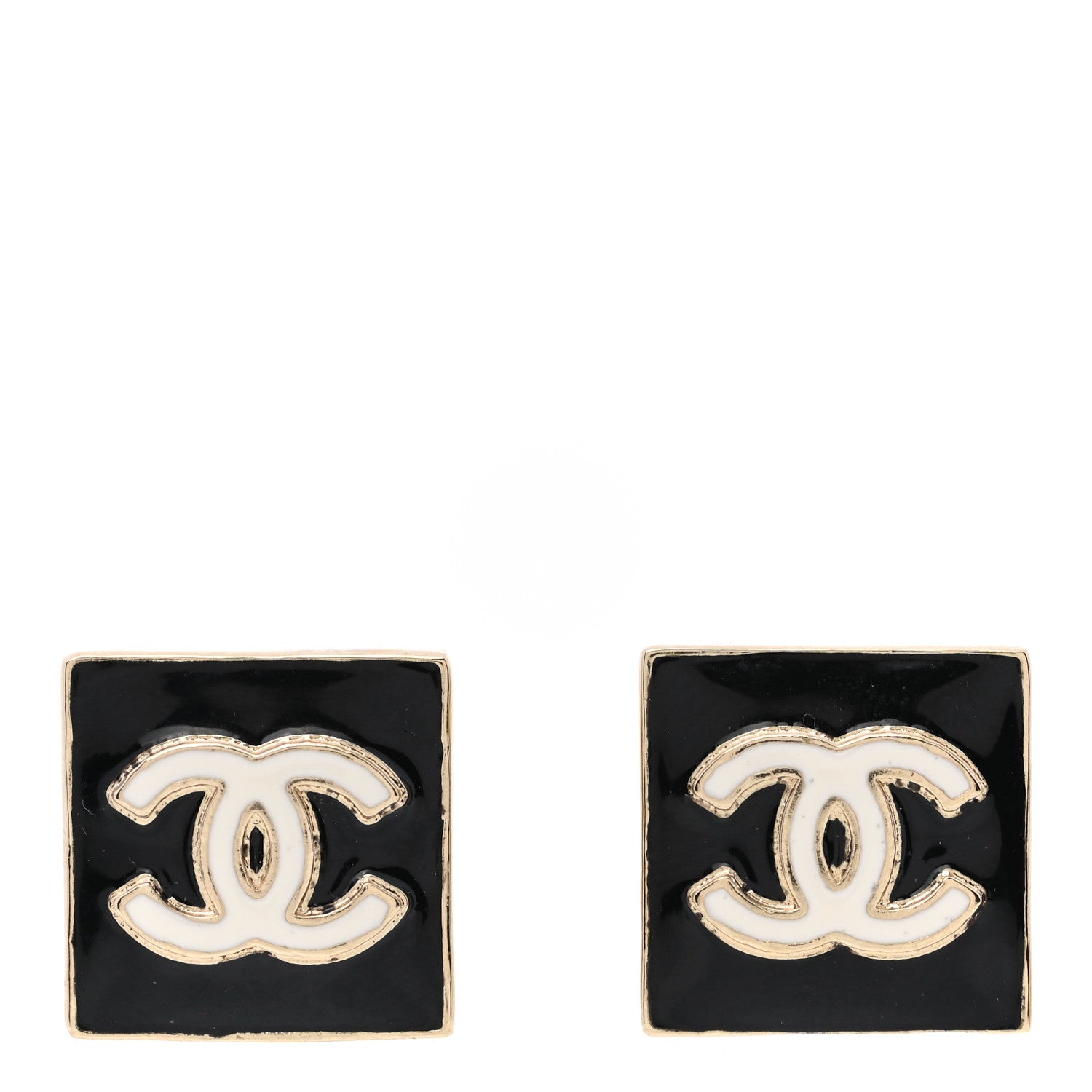 Chanel Metal Enamel CC Square Earrings Gold Black White 1 of 5
