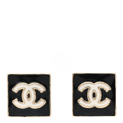 Chanel Metal Enamel CC Square Earrings Gold Black White 1 of 5
