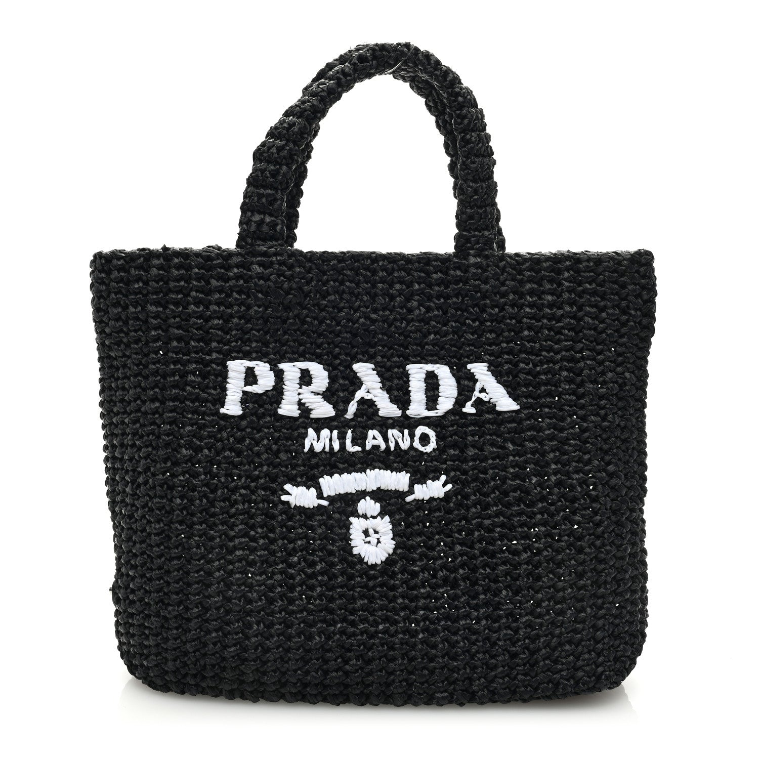 Prada Yarn Raffia Effect Crochet Small Logo Tote Black 1 of 8