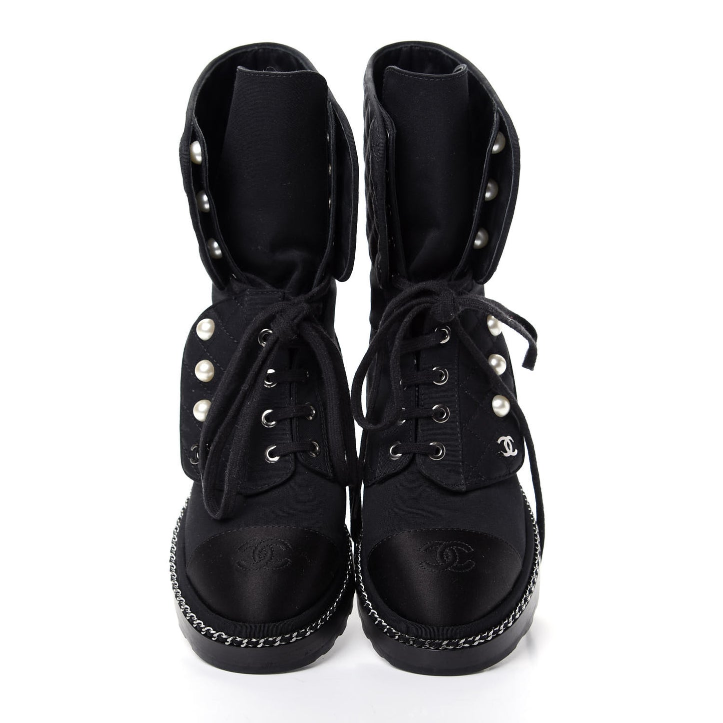 Grosgrain Pearl Chain CC Combat Short Boots 36 Black
