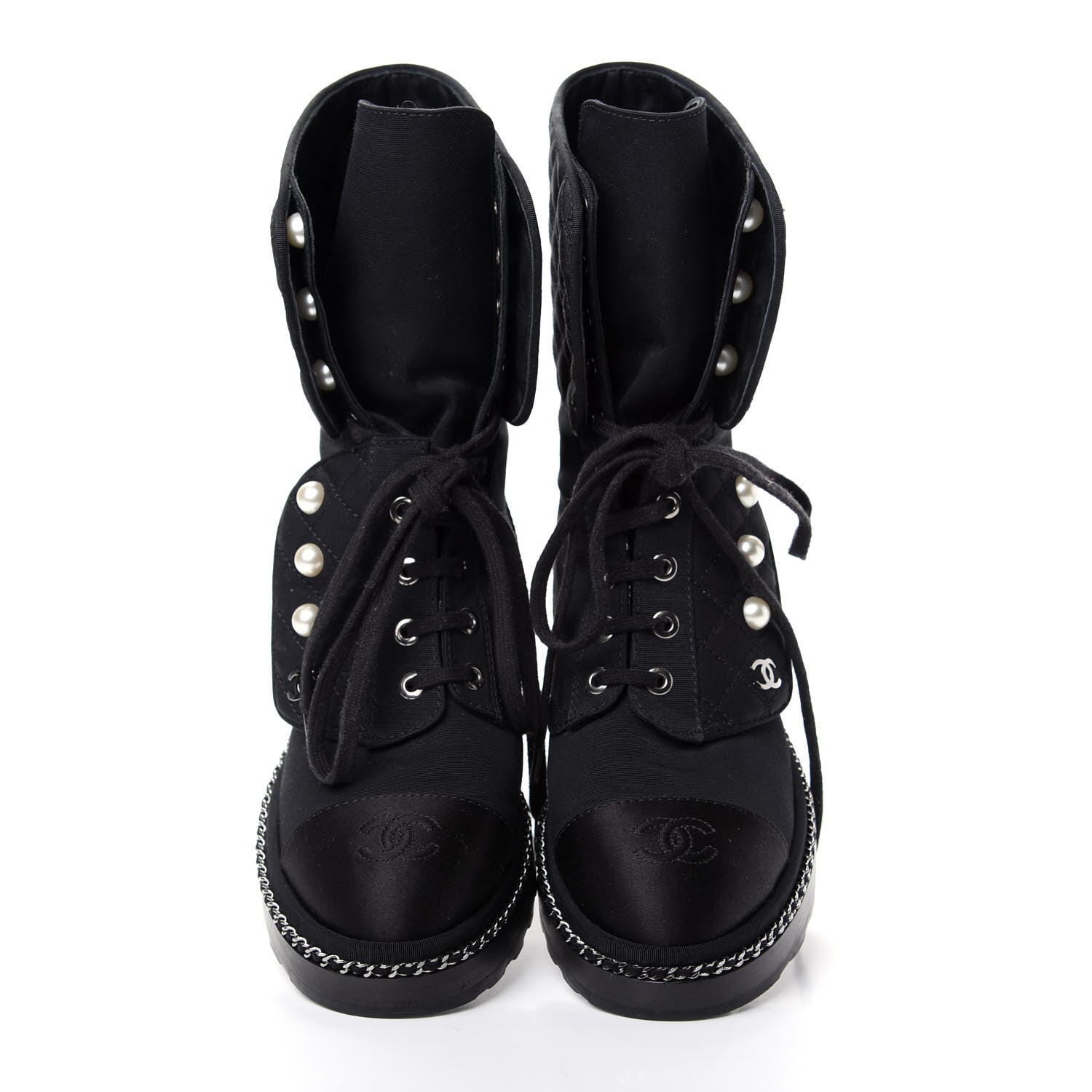 Chanel Grosgrain Pearl Chain CC Combat Short Boots 36 Black 5 of 10
