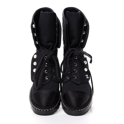 Chanel Grosgrain Pearl Chain CC Combat Short Boots 36 Black 5 of 10