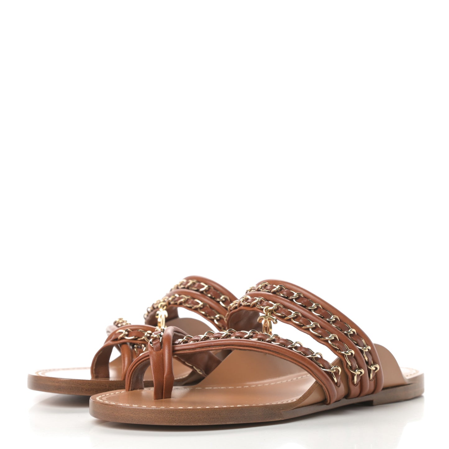 Calfskin Chain CC Thong Flat Sandals 36 Beige