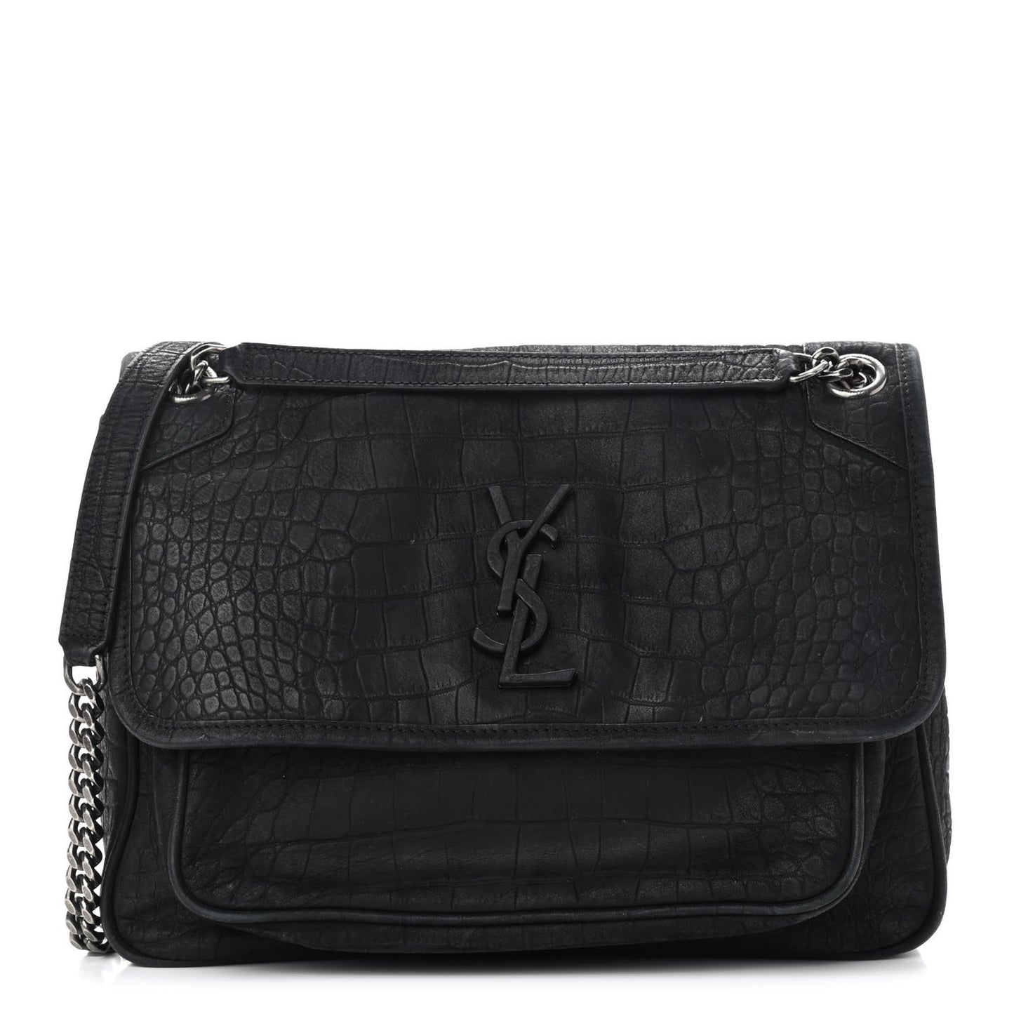 Nubuck Crocodile Embossed Monogram Medium Niki Chain Satchel Black