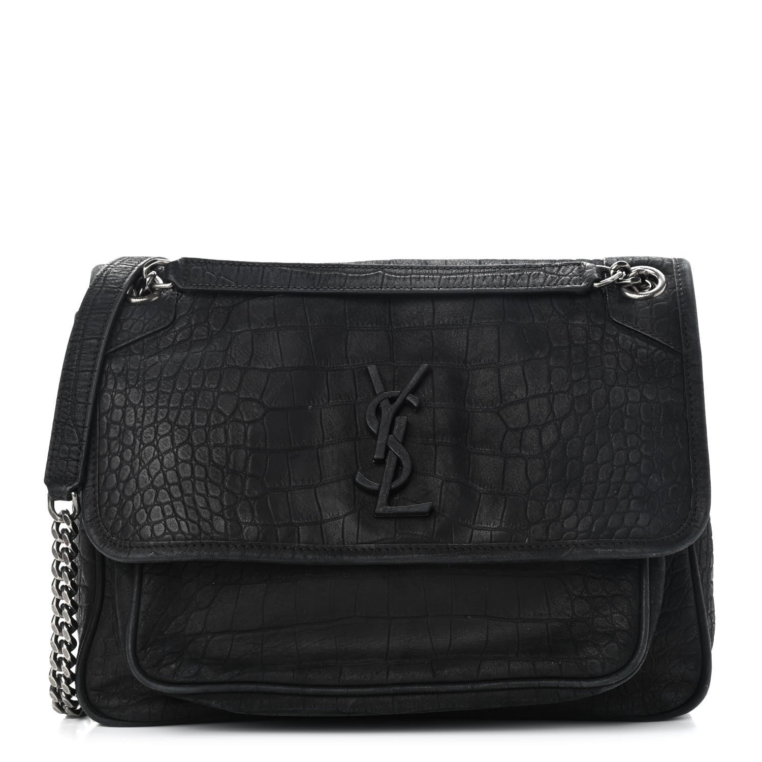 Saint Laurent Nubuck Crocodile Embossed Monogram Medium Niki Chain Satchel Black 1 of 9
