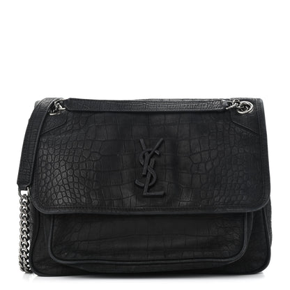 Saint Laurent Nubuck Crocodile Embossed Monogram Medium Niki Chain Satchel Black 1 of 9
