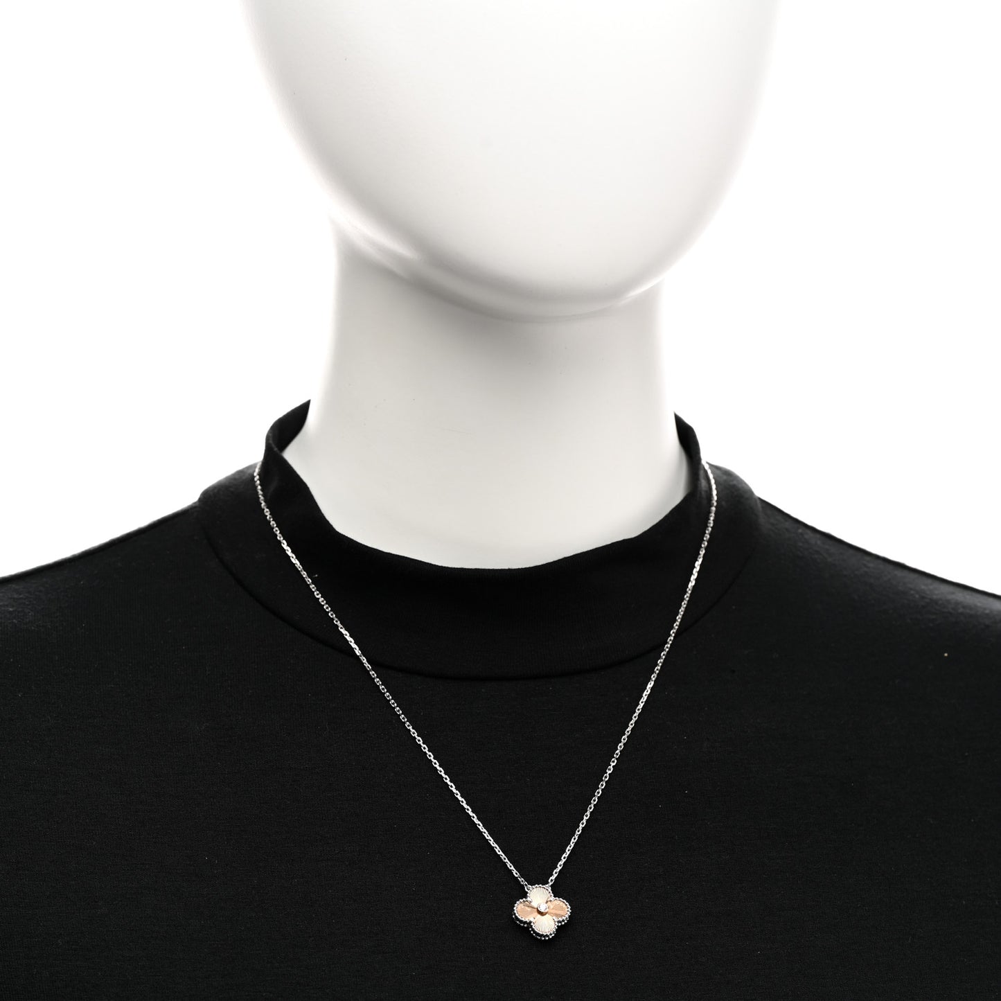 18K White Rose Gold Diamond Guilloche Vintage Alhambra Pendant Necklace