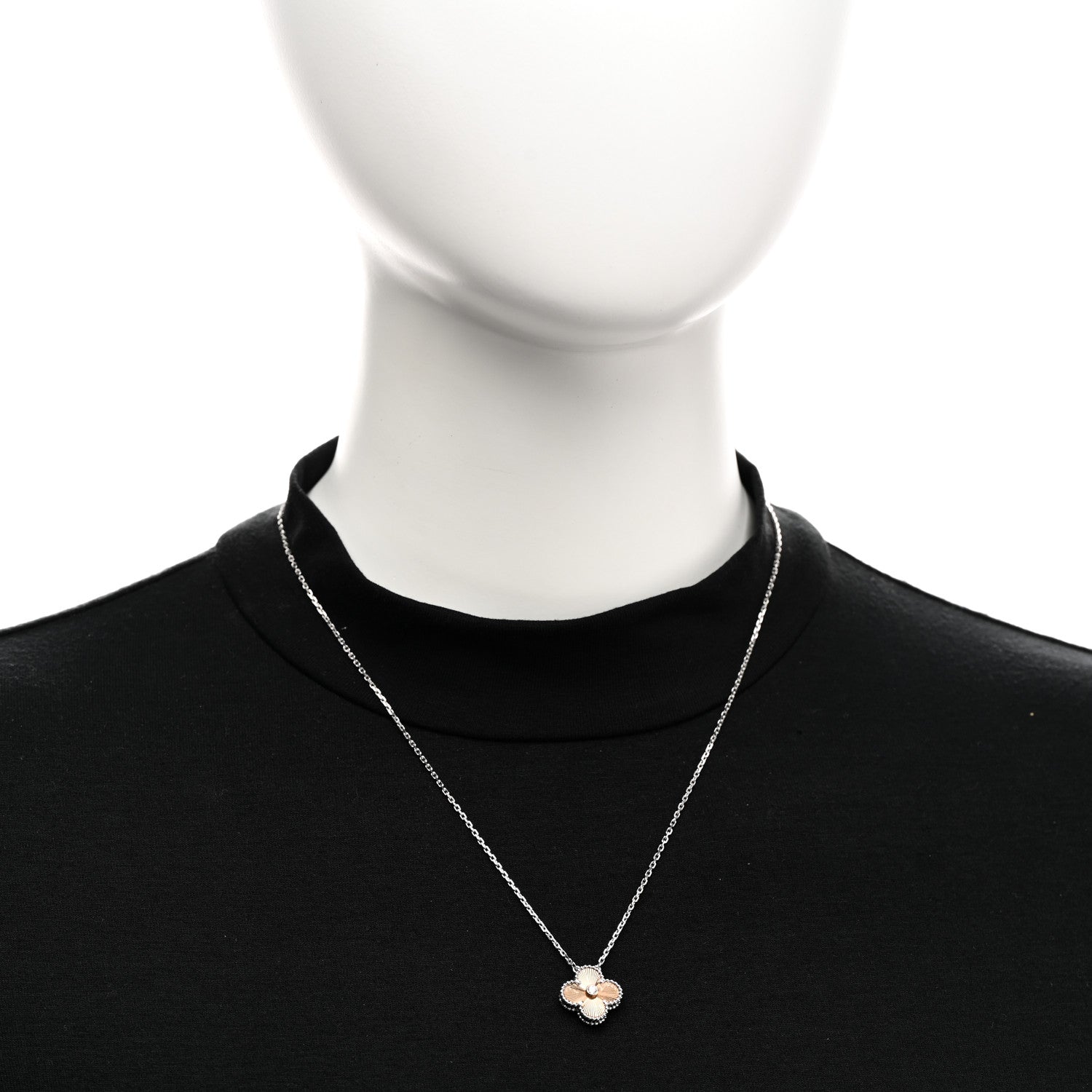 Van Cleef & Arpels 18K White Rose Gold Diamond Guilloche Vintage Alhambra Pendant Necklace 2 of 5