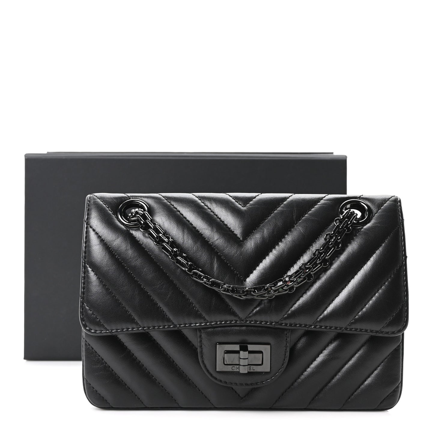Aged Calfskin Chevron Quilted 2.55 Reissue Mini Flap So Black
