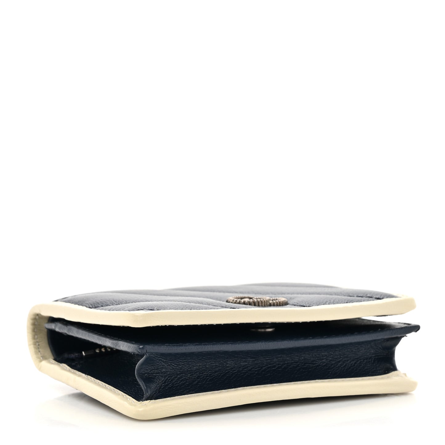 Vintage Effect Calfskin Matelasse Diagonal Torchon GG Marmont Card Case Wallet Blue Agata Mystic White