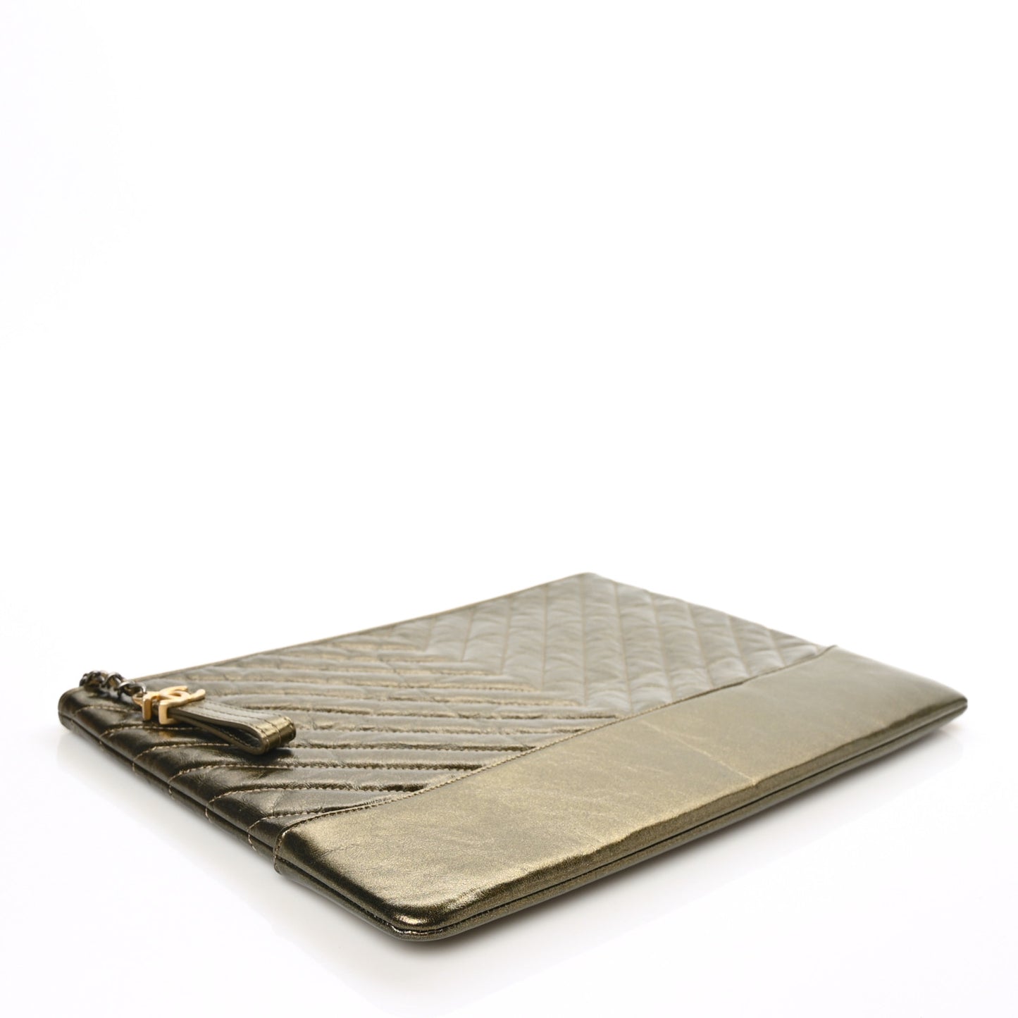 Metallic Aged Calfskin Chevron Quilted Large Gabrielle Cosmetic Case Gold