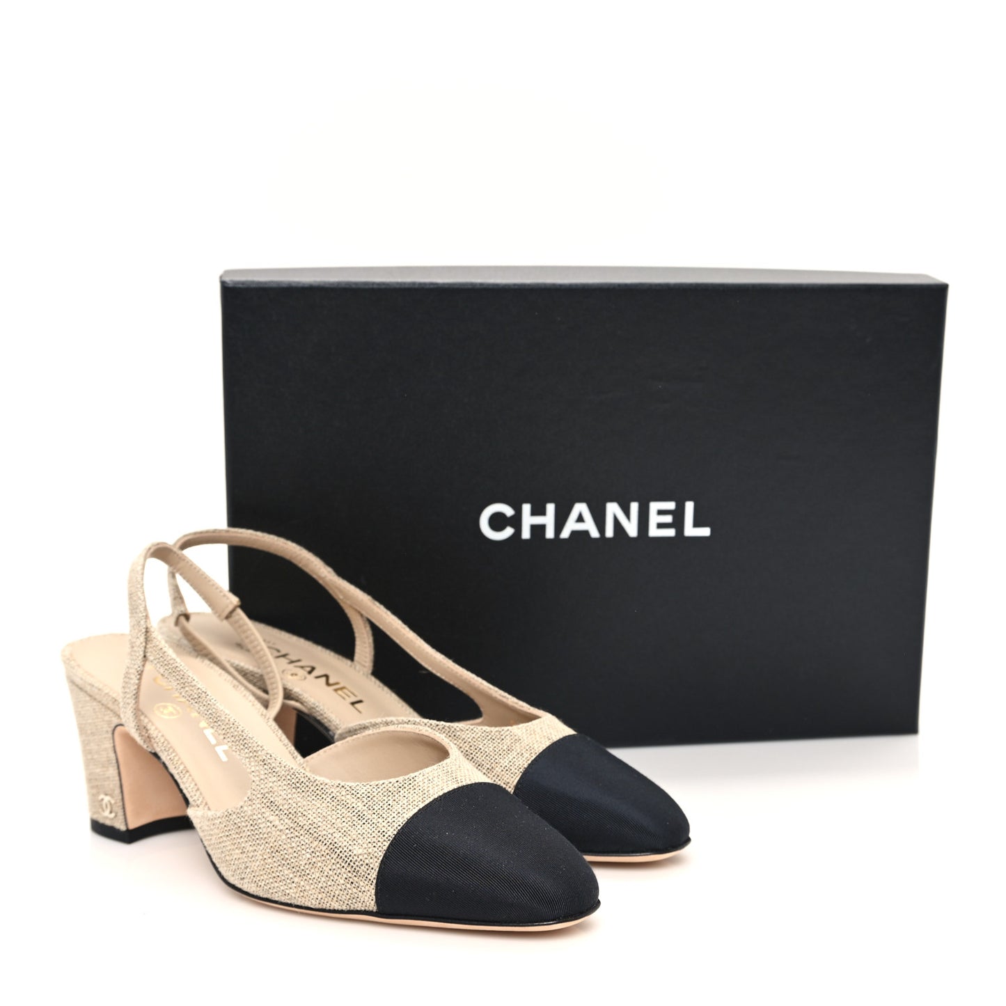 Fabric Grosgrain Cap Toe CC Slingback Pumps 37 Dark Beige Black