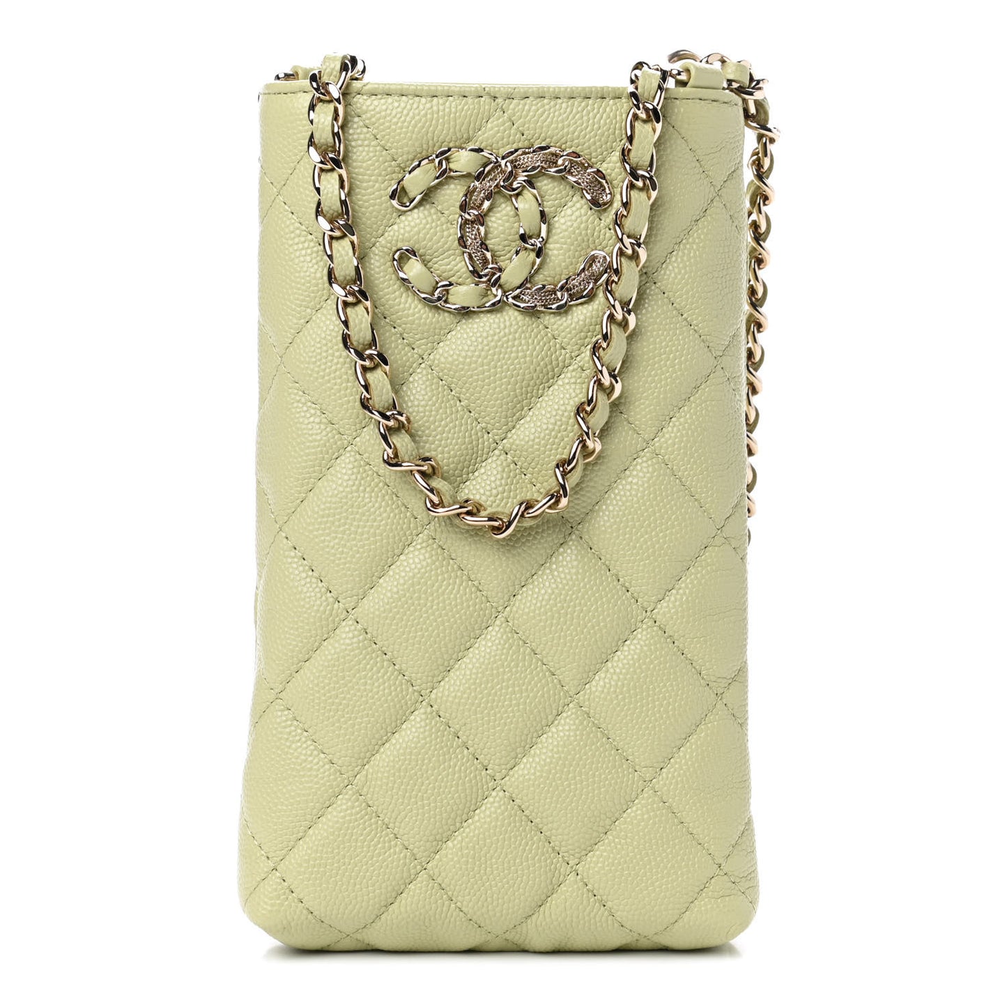 Caviar Quilted French New Wave Phone Holder With Chain Light Green