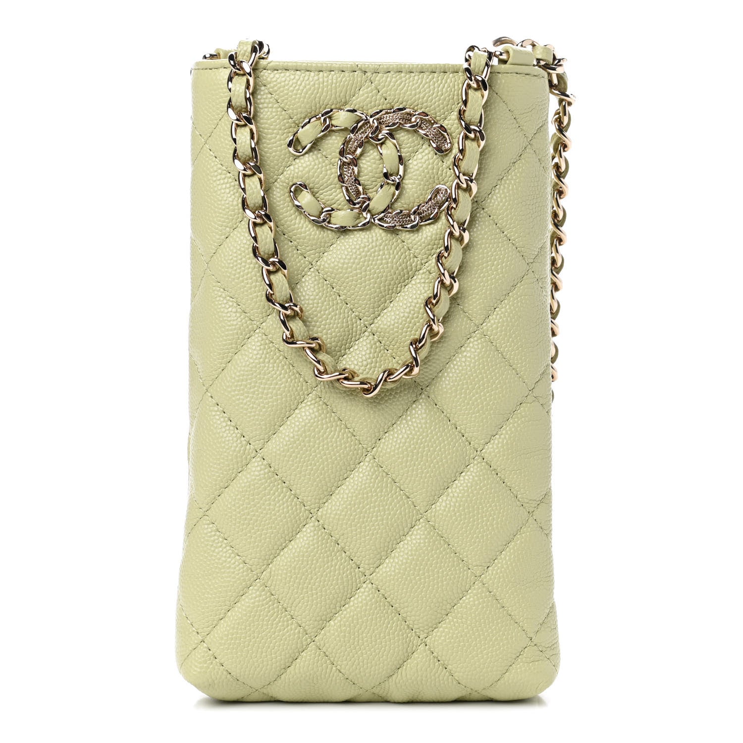 Chanel Caviar Quilted French New Wave Phone Holder With Chain Light Green 1 of 4