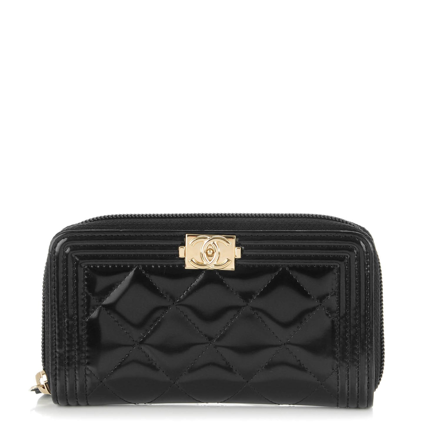 Patent Quilted Small Boy Zip Around Wallet Black