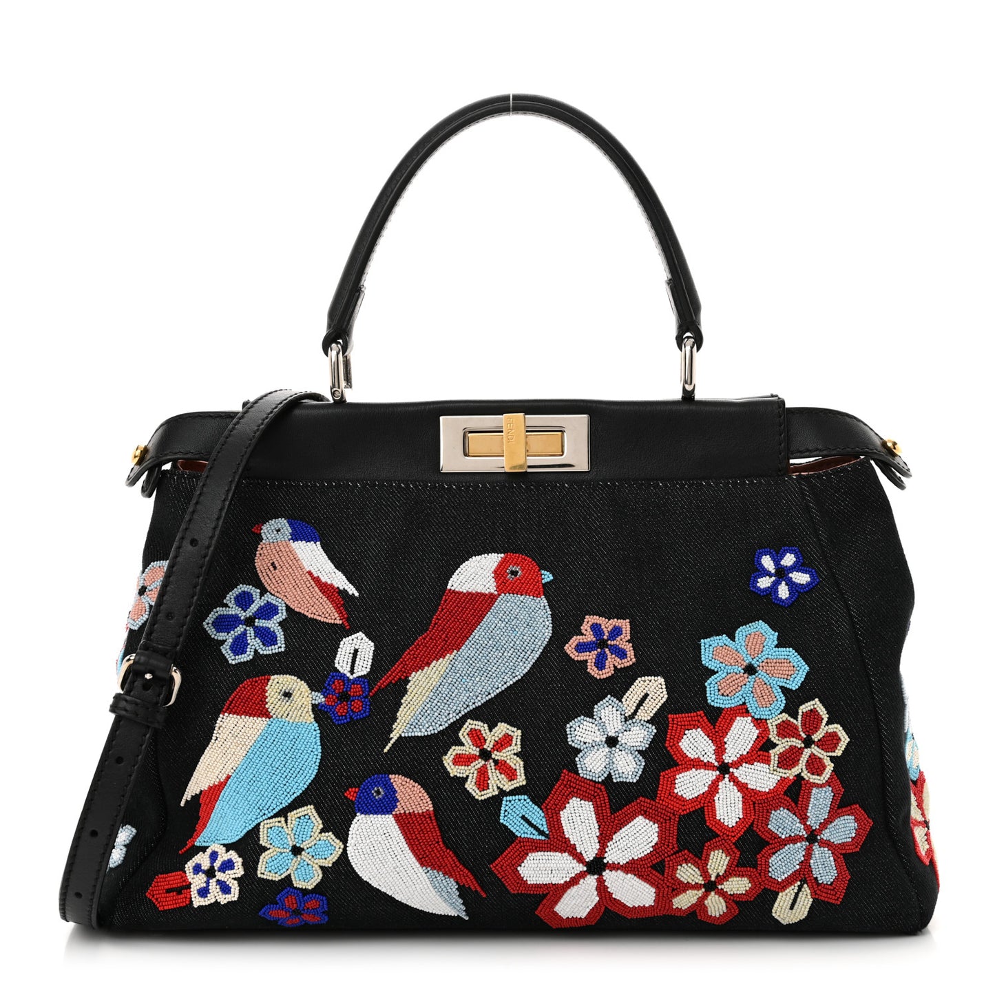 Denim Vitello Dolce QuTweet Beaded Medium Peekaboo Iconic Satchel Dark Blue Multicolor Black