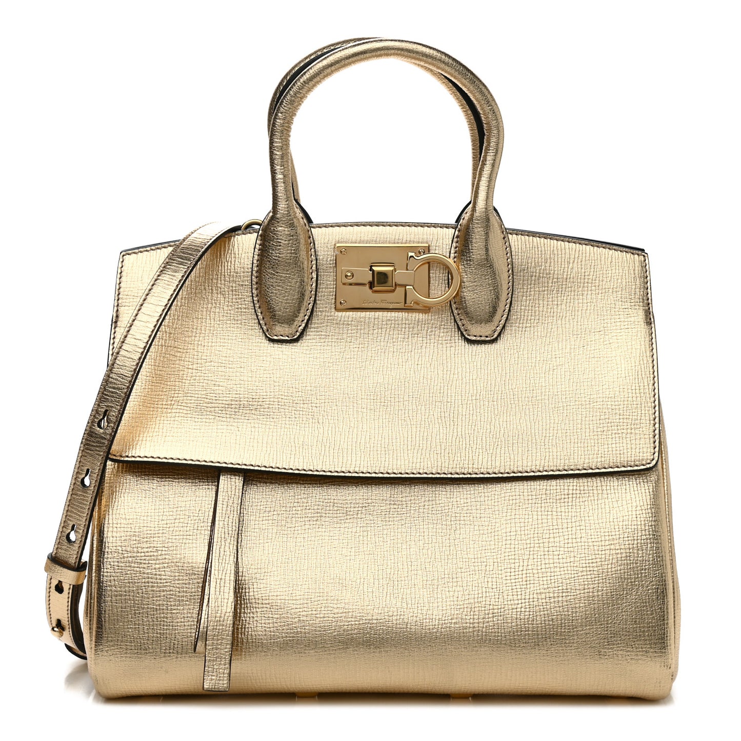 Metallic Hammered Calfskin Studio Top Handle Bag Gold