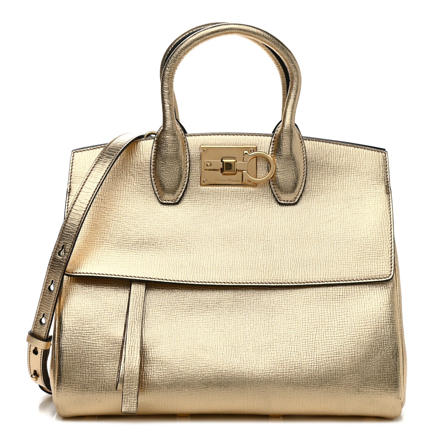 Salvatore Ferragamo Metallic Hammered Calfskin Studio Top Handle Bag Gold 1 of 8