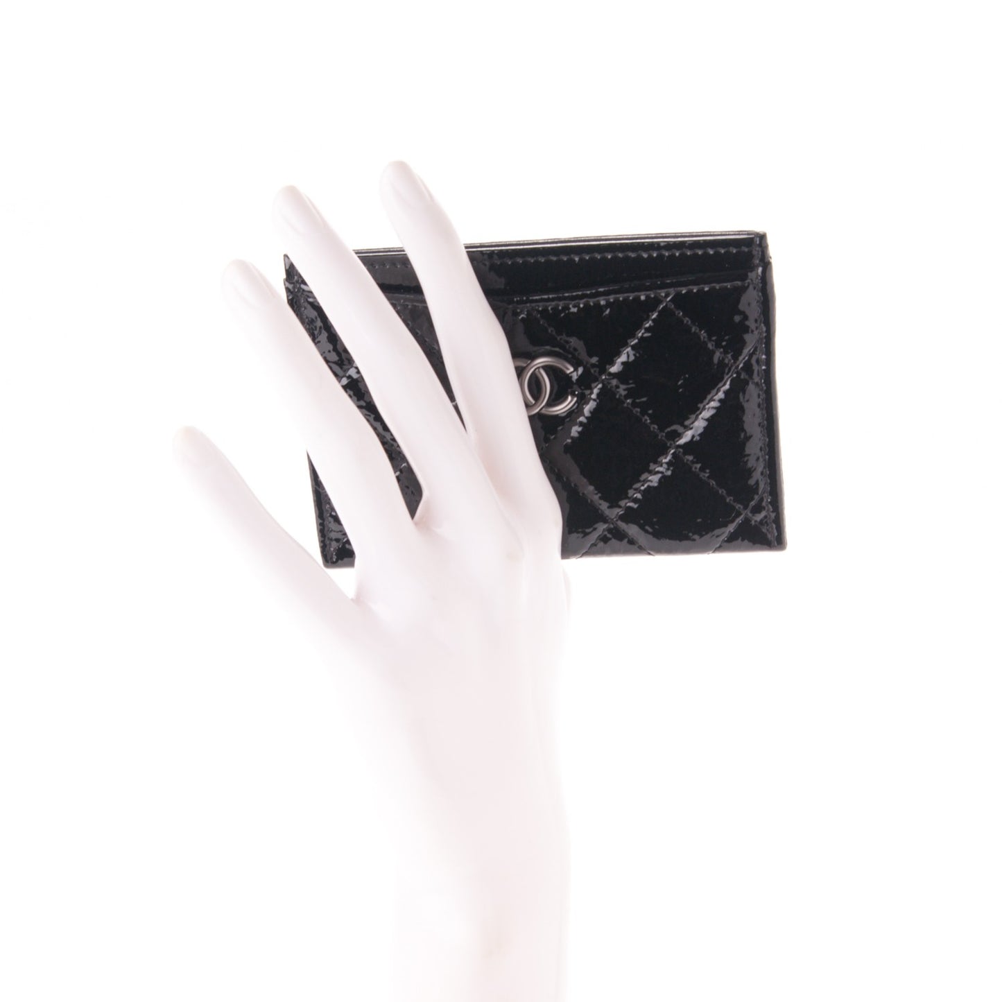 Patent Calfskin Quilted Card Holder Black