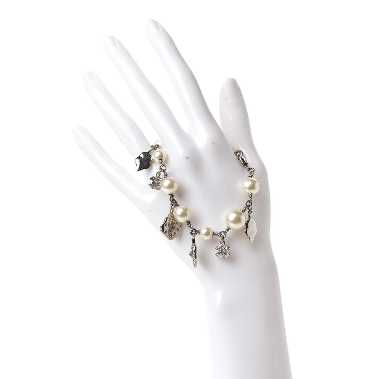 Crystal Pearl CC Charm Bracelet Silver