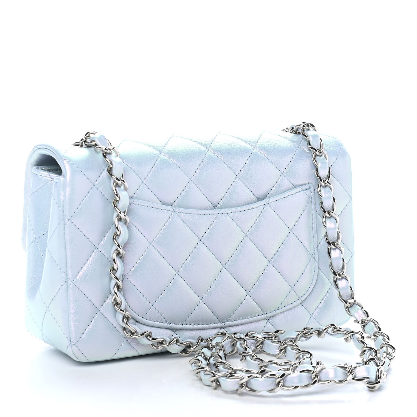 Iridescent Calfskin Quilted Mini Rectangular Flap Light Blue