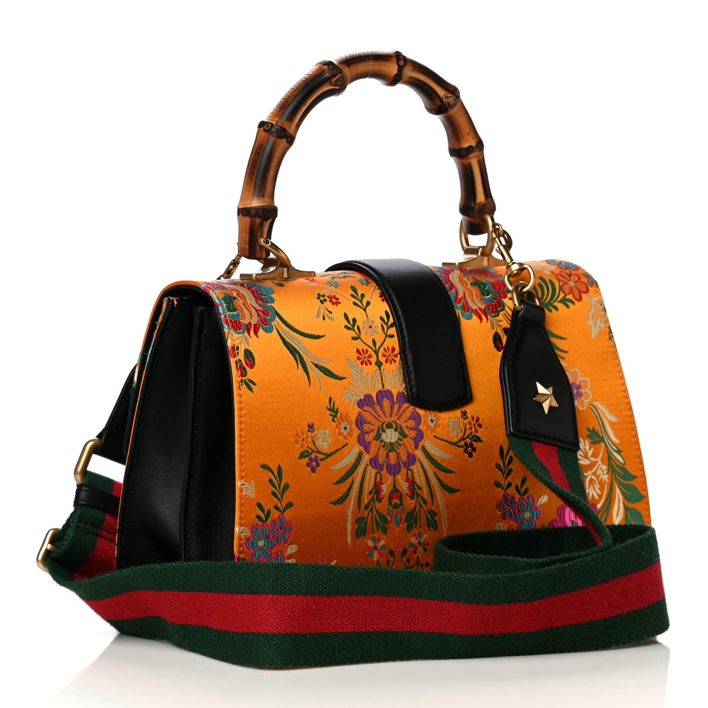 Satin Calfskin Bamboo Web Tokyo Print Medium Dionysus Top Handle Bag Giallo Multicolor Blue Agata Hibiscus Red