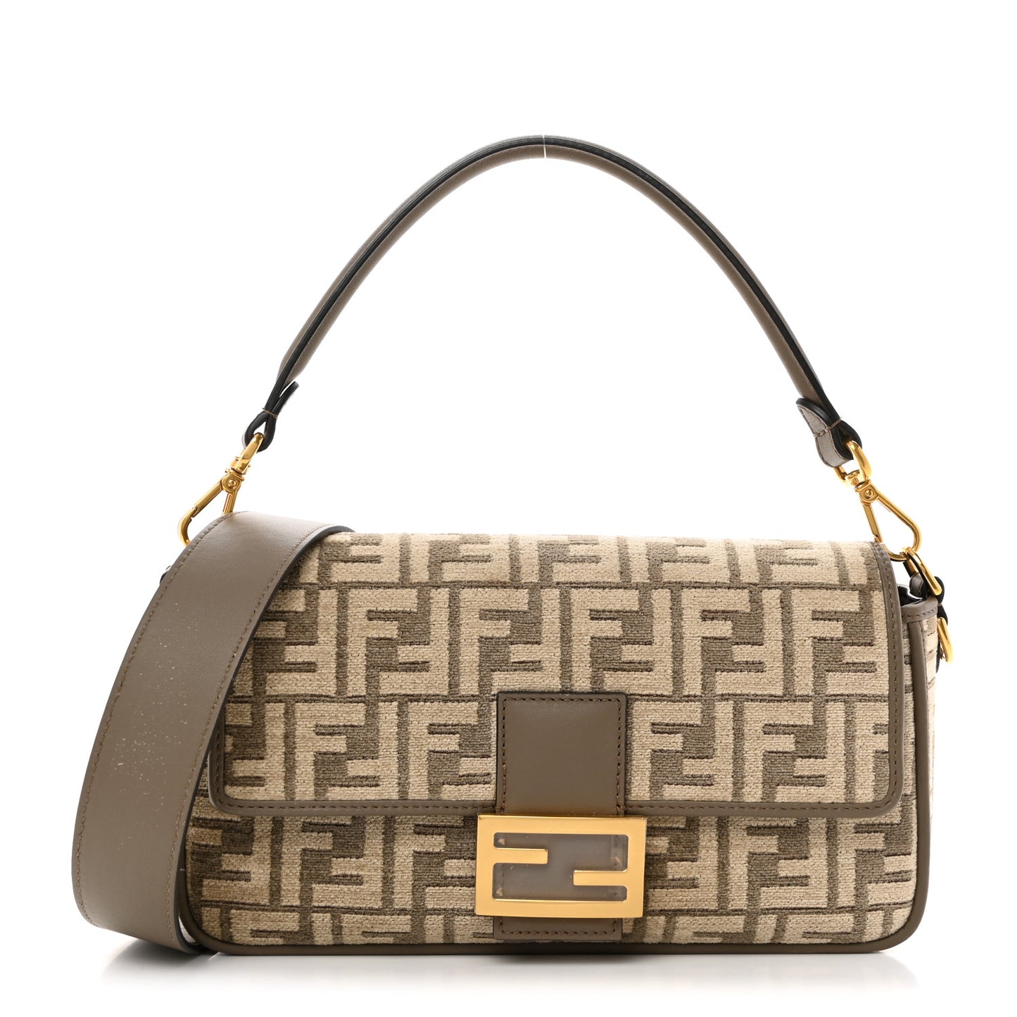 Chenille Vitello Seta FF Embroidered Baguette Tortora