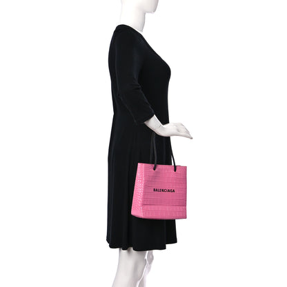 Balenciaga Shiny Calfskin Logo Crocodile Embossed North South Shopper Tote XXS Rose Black 2 of 17