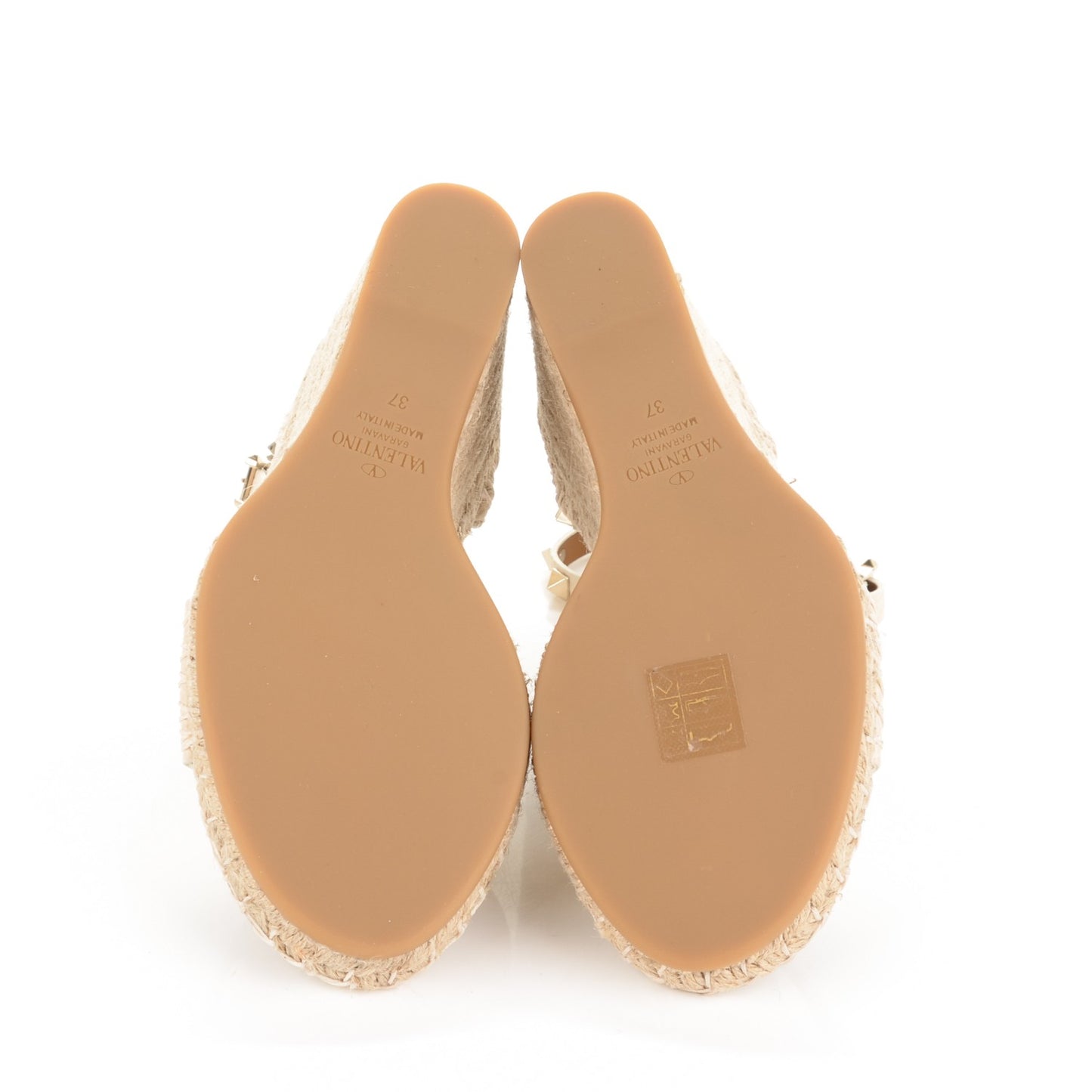 Grained Calfskin Rockstud Ankle Strap Espadrille 15/105mm Wedge Sandals 37 Light Ivory Natural