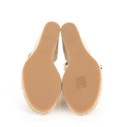 Valentino Garavani Grained Calfskin Rockstud Ankle Strap Espadrille 15/105mm Wedge Sandals 37 Light Ivory Natural 5 of 6