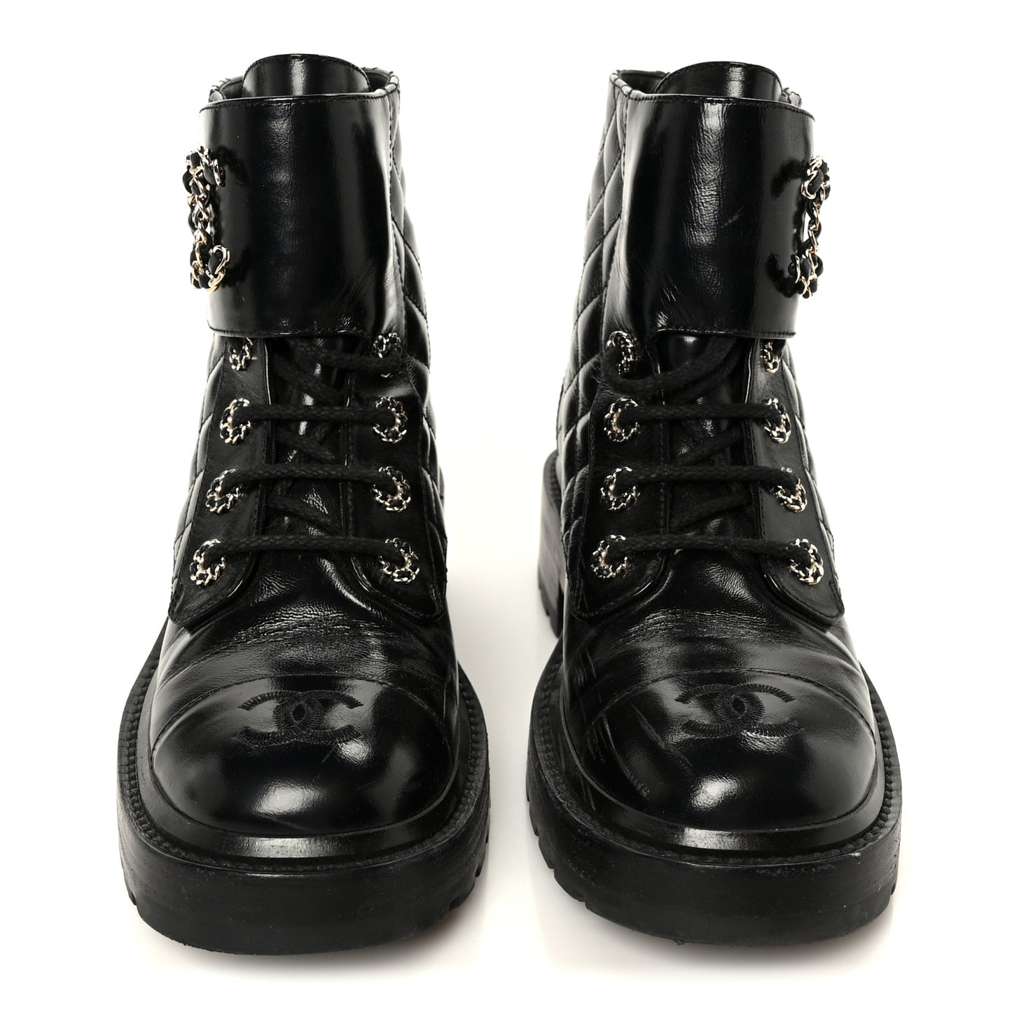 Shiny Calfskin Quilted Lace Up Combat Boots 37 Black