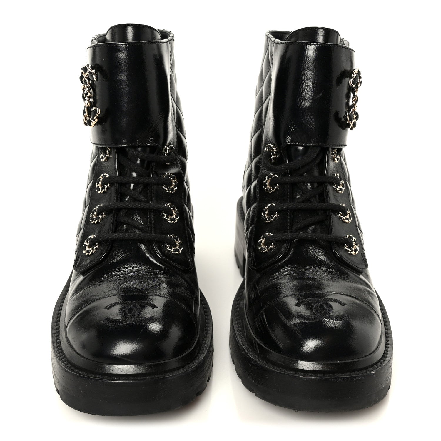 Chanel Shiny Calfskin Quilted Lace Up Combat Boots 37 Black 3 of 11