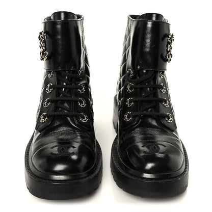 Chanel Shiny Calfskin Quilted Lace Up Combat Boots 37 Black 3 of 11