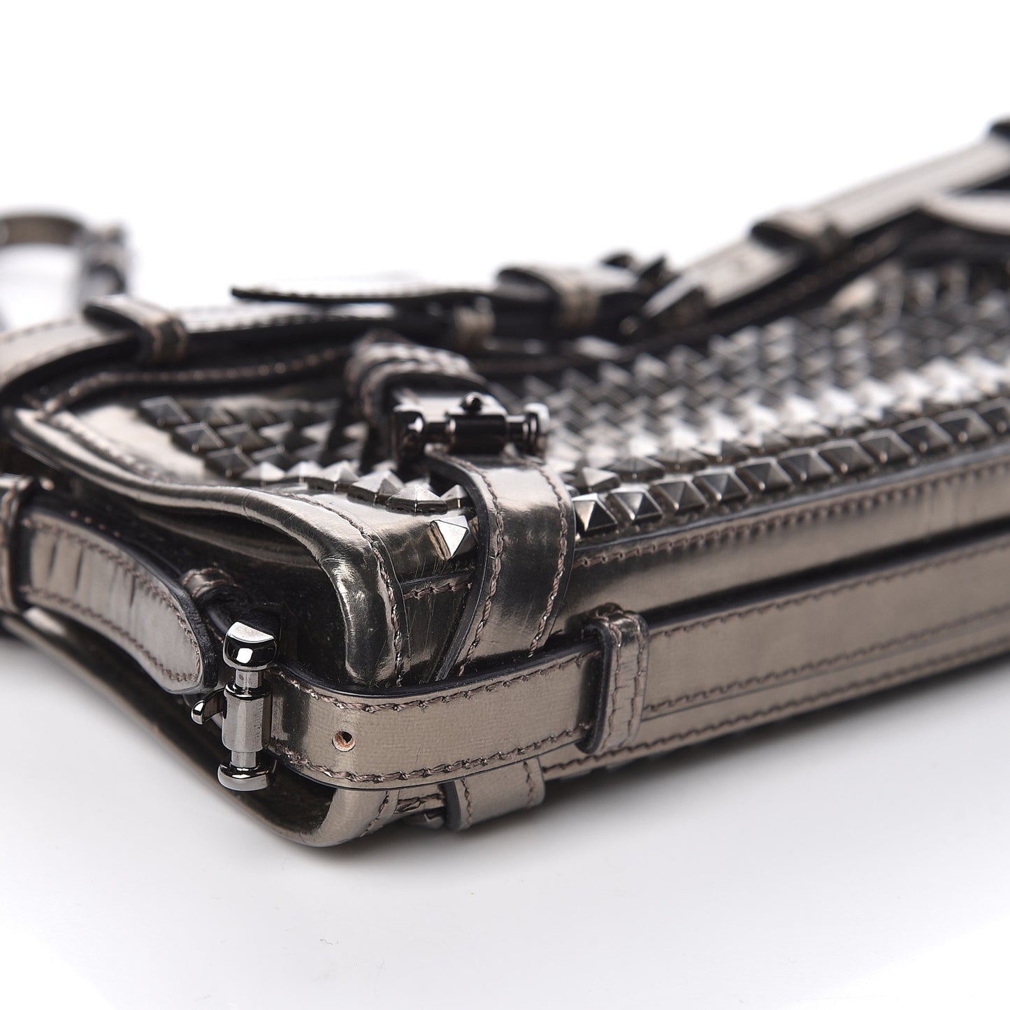 Metallic Patent Studded Wristlet Clutch Pewter