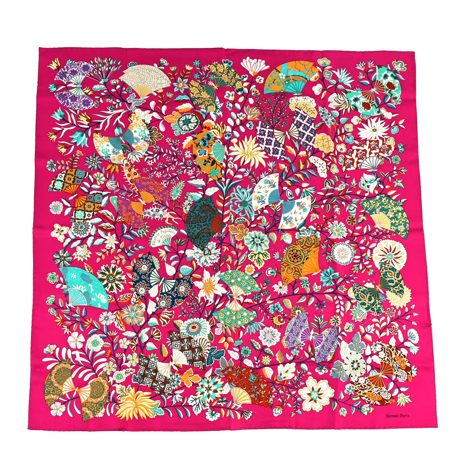 Hermes Silk Fleurs et Papillons de Tissus Scarf 90 Fuchsia Turquoise Creme 1 of 3