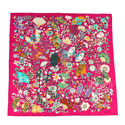 Hermes Silk Fleurs et Papillons de Tissus Scarf 90 Fuchsia Turquoise Creme 1 of 3