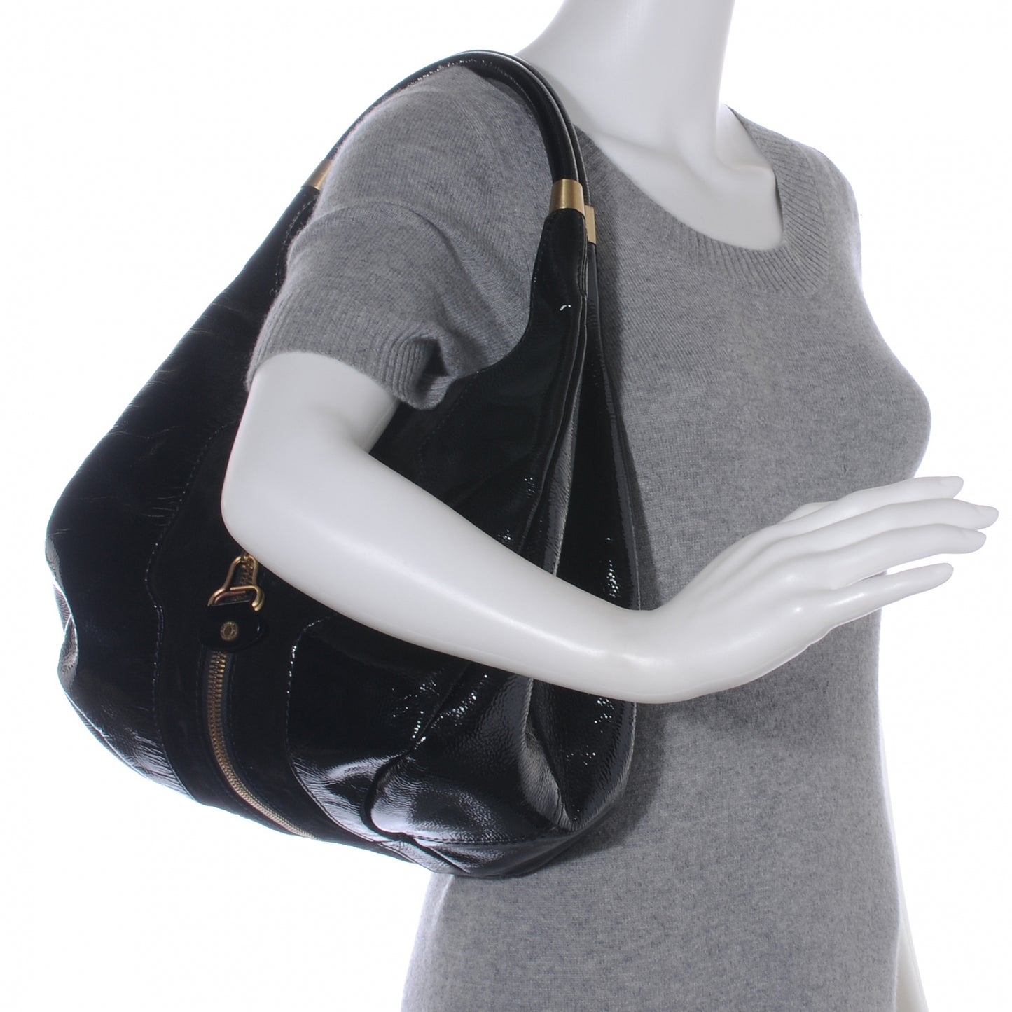 Liquid Patent Suede Medium Mandah Shoulder Bag Black
