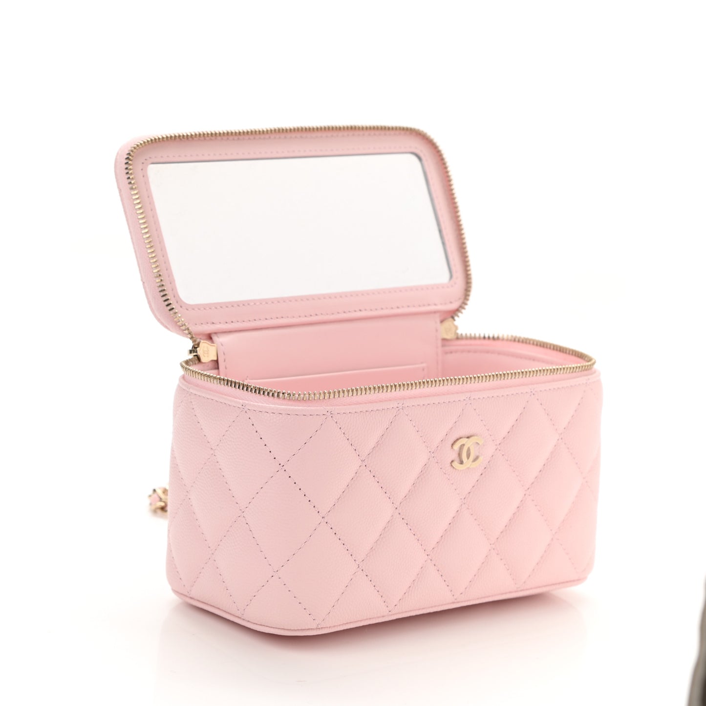 Caviar Quilted Small Vanity Case With Chain Light Pink