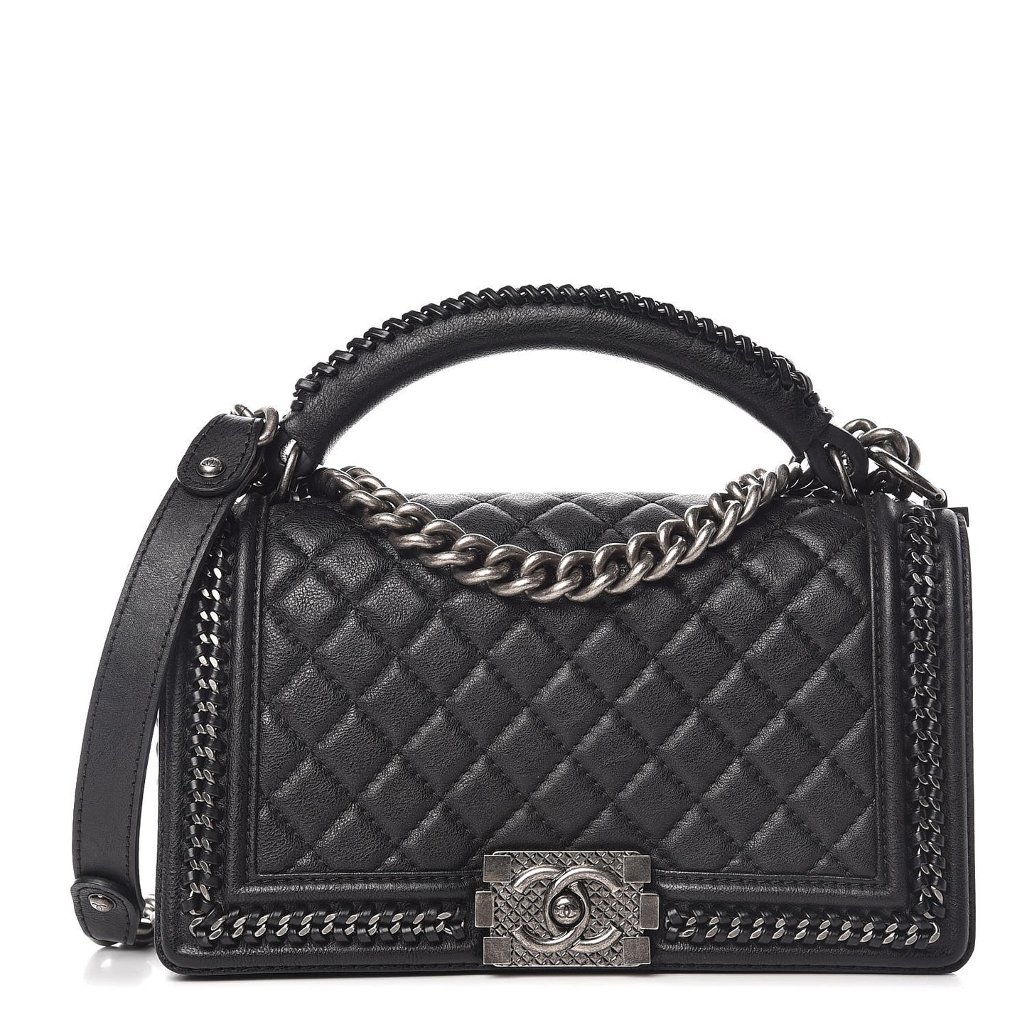Calfskin Quilted Medium Boy Top Handle Flap Black