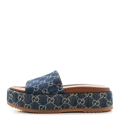 Gucci New Denim GG Monogram Angelina Platform 55mm Slide Sandals 37 Blue Tea 1 of 9