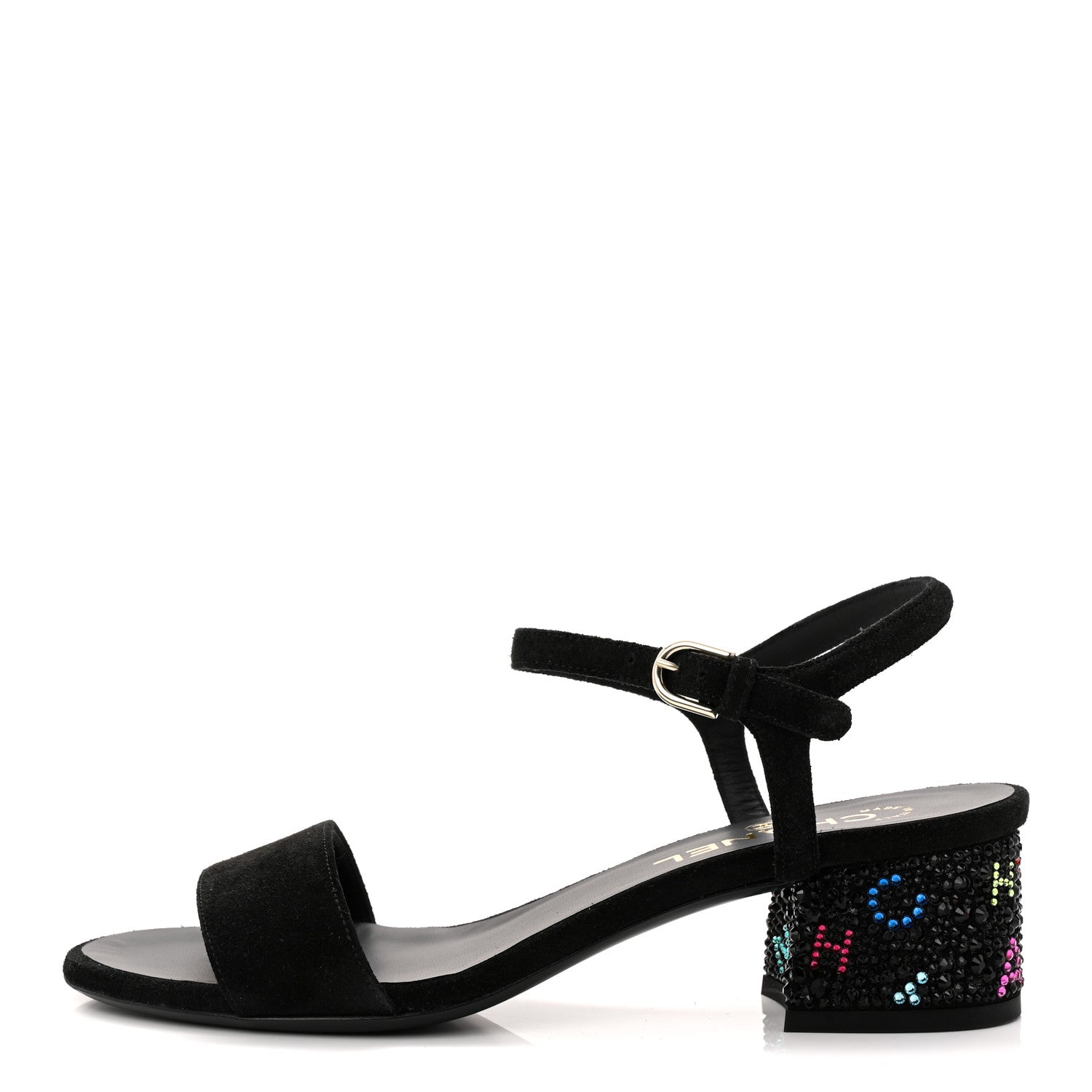 Chanel Suede Strass Ankle Strap Sandals 37.5 Black Multicolor 1 of 10