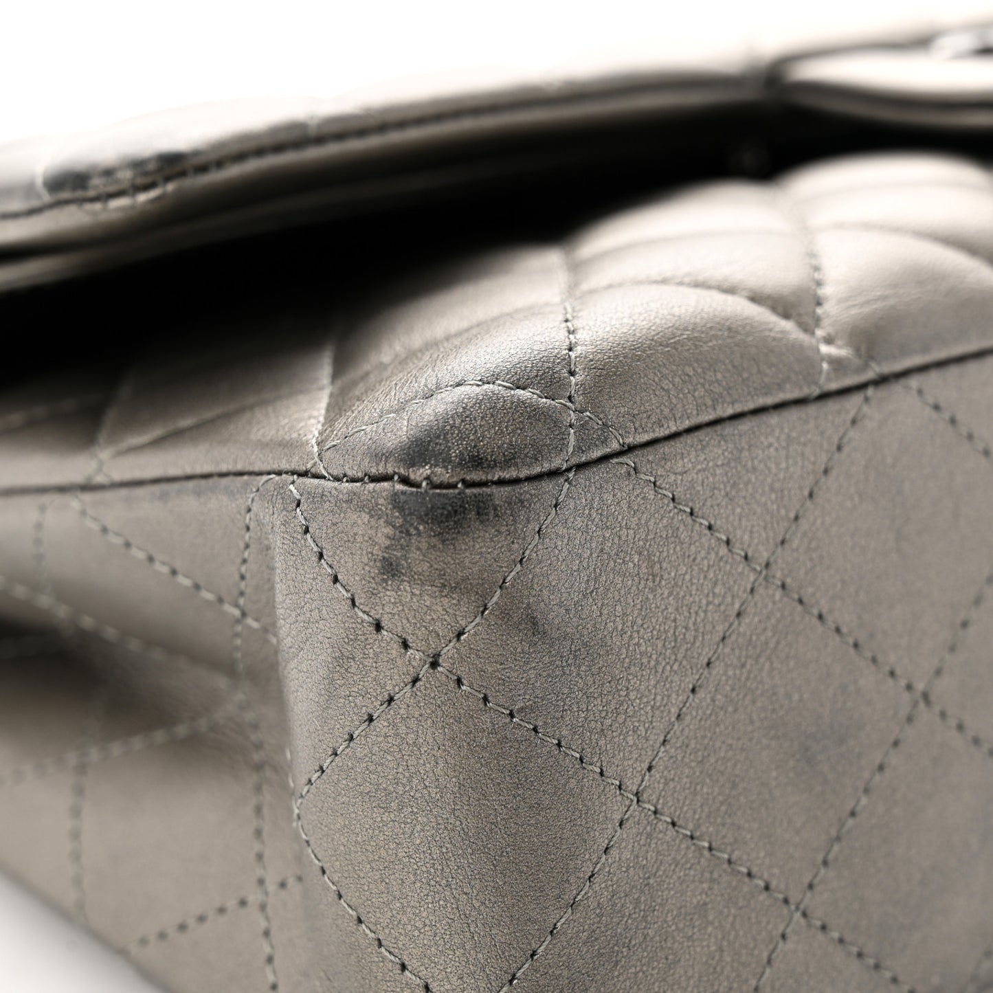 Metallic Calfskin Quilted Medium Double Flap Ruthenium