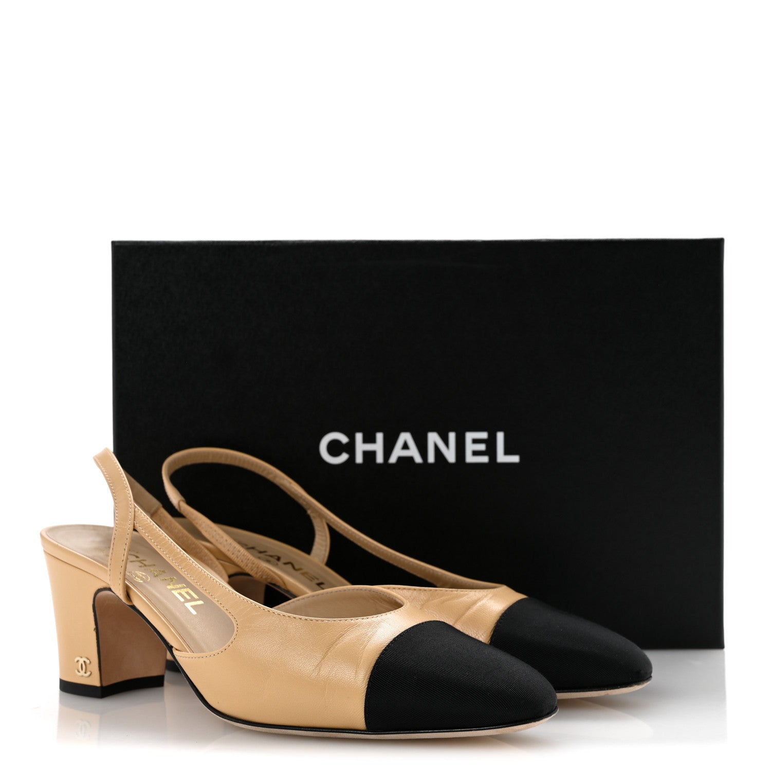 Chanel Goatskin Grosgrain Cap Toe CC Slingback Pumps 38 Beige Black 10 of 10