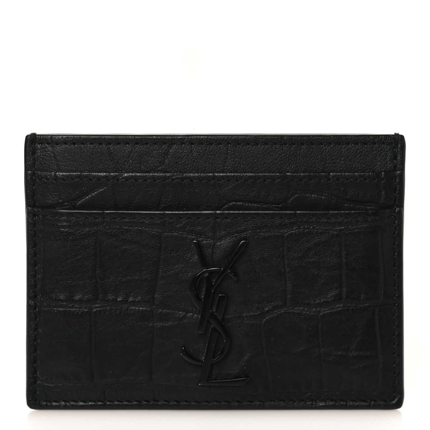 Saint Laurent Calfskin Crocodile Embossed Monogram Credit Card Case Black 1 of 8