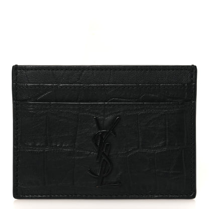Saint Laurent Calfskin Crocodile Embossed Monogram Credit Card Case Black 1 of 8