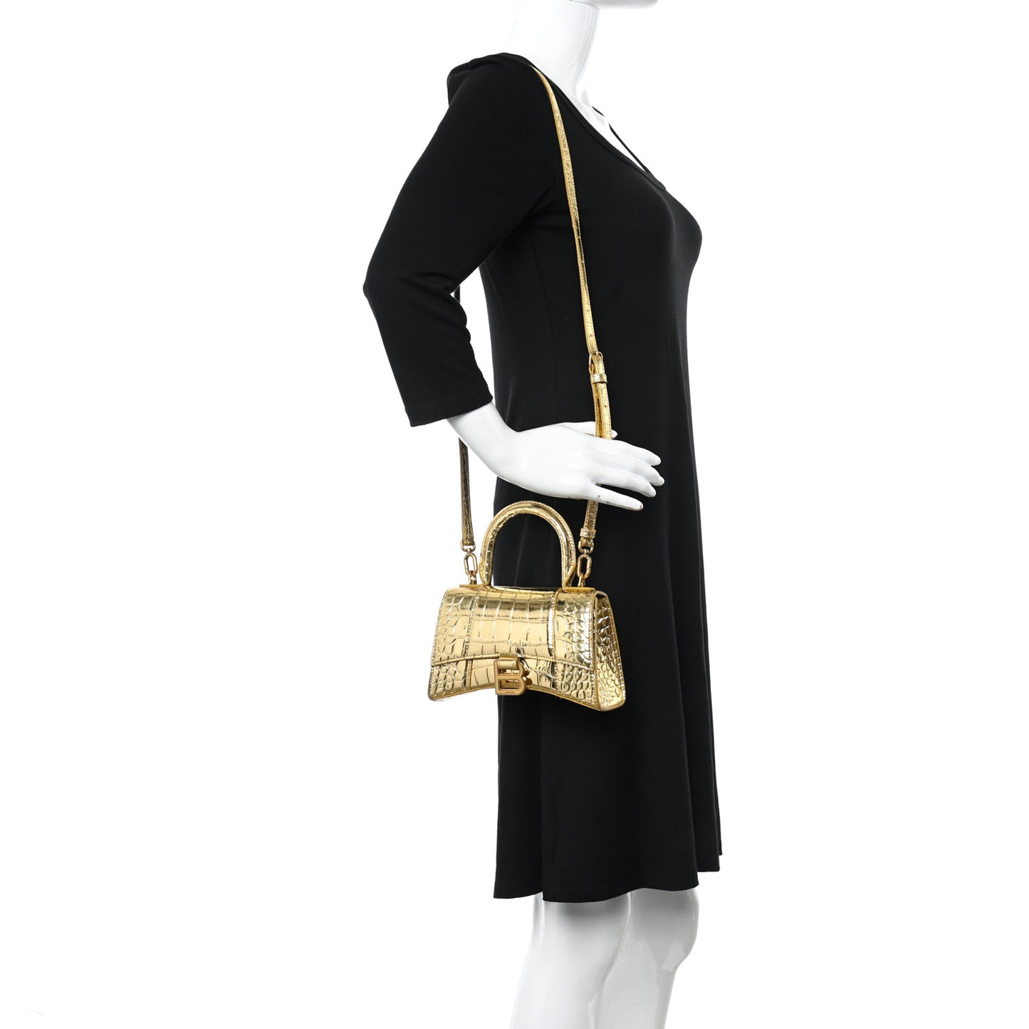 Metallic Calfskin Crocodile Embossed Small Hourglass Top Handle Bag Gold